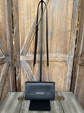 Michael Kors Black Saffiano Leather Crossbody Wallet Clutch with Removable Strap